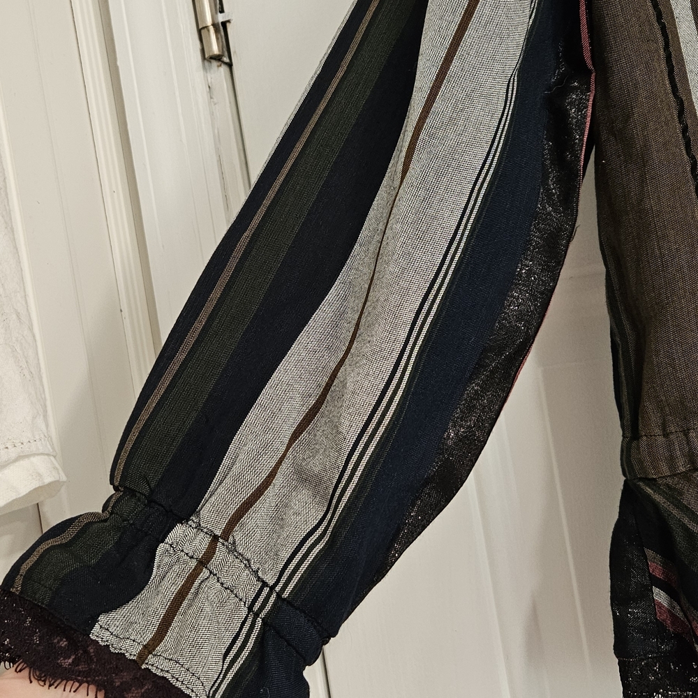 Striped V-Neck Blouse with Lace Trim - Picture 4 of 7